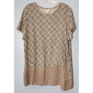 J. Jill Love Linen Top Womens Large Petite Brown Teal Medallion Print Excellent